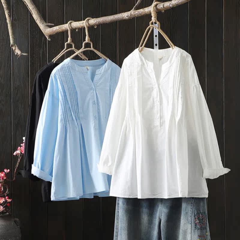 2022 pregnant women autumn clothing new loose casual shirt V collar pure cotton long sleeve art shirt outwear jacket spring and autumn