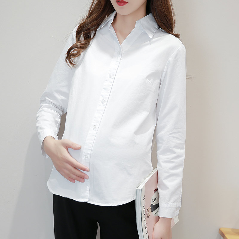 Maternity Shirt New Style Long-Sleeved White Work Shirt Base Layer Fashionable Interview Shirt Fleece-Lined Workwear Professional Attire