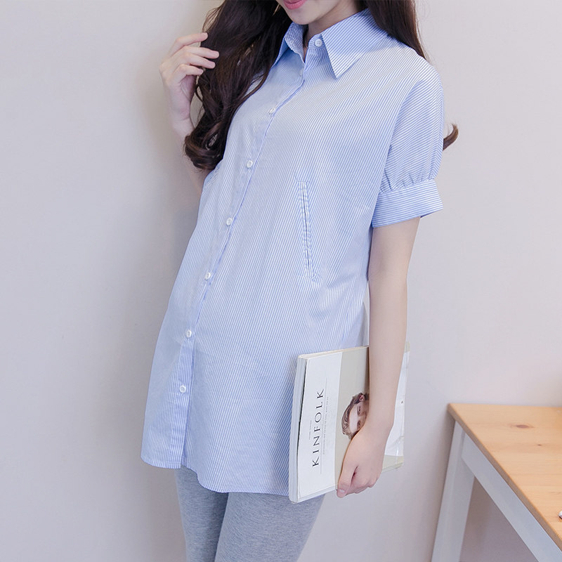 Pregnant Woman Shirt Summer Dress New short sleeves Stripes for work South Korean version Large size Sizes Loose Tooling OL to work Collar Shirt
