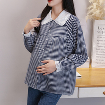 Pregnant Woman Shirt Spring New Doll Shirt Long Sleeve Plaid Korean Version Blouse Pure Cotton Loose Fashion 100 Hitch Woman Shirt