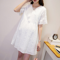 Pregnant woman dress with dress for summer dress New short sleeves white fresh art pure cotton V necklace Korean version loose A-word dress