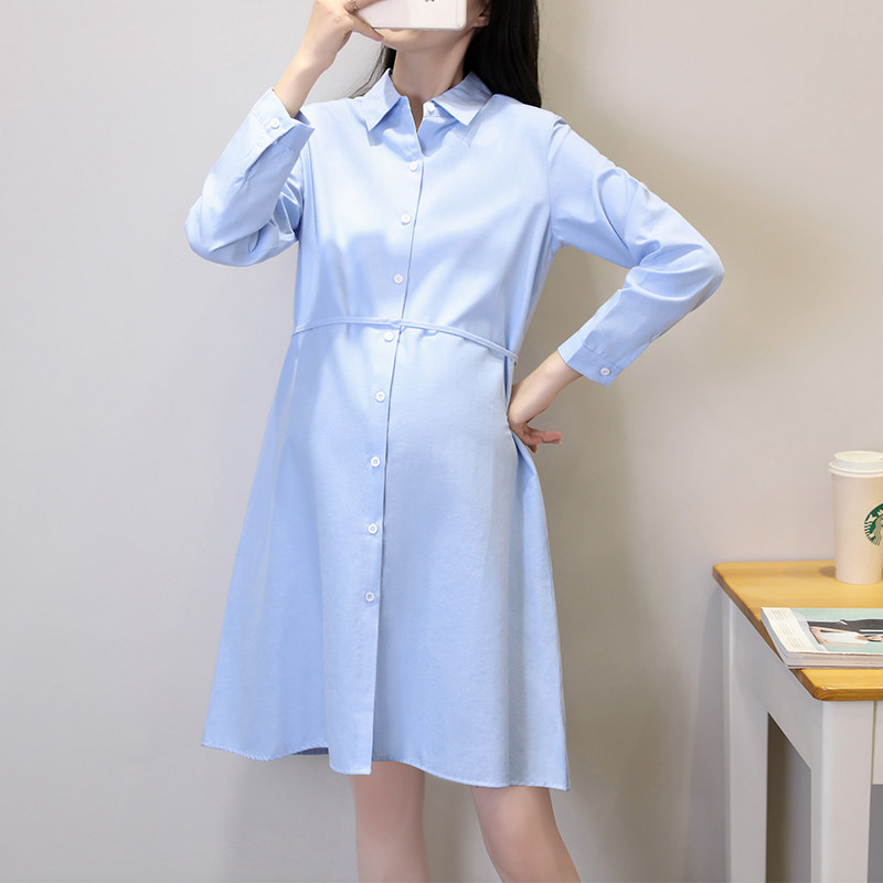 Maternity autumn new long-sleeved shirt dress fashion large size loose tooling blue mid-length all-match professional shirt