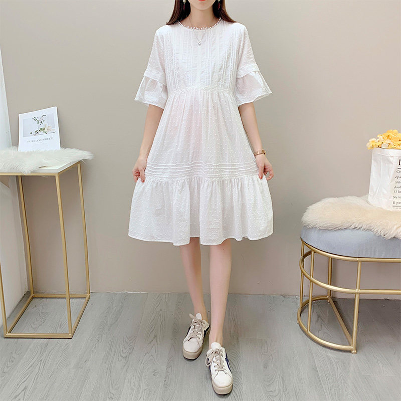 Pregnant women dress summer new short sleeve cotton white dress fashionably loose medium and long version of pure Korean skirt