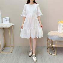 Pregnant Woman Skirt Summer New Short Sleeves Pure Cotton White Dress Fashion Loose Medium Long PURE COLOR KOREAN VERSION A DRESS FOR A LONG TIME
