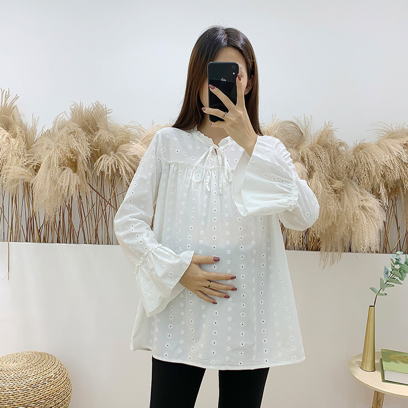 Pregnant Woman Shirt Summer Autumn Long Sleeve New Large Size Horn Cuff Korean Version Loose Doll Shirt Fashion Pure Cotton 100 Hitch Blouse