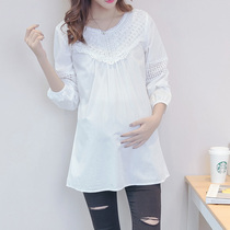Maternity dress Spring and Autumn long sleeve new T-shirt white lace top long OL professional mother dress undercover