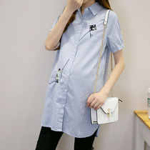 Pregnant womens shirt summer short sleeve medium and long top Korean striped lapel striped professional wear large size loose shirt
