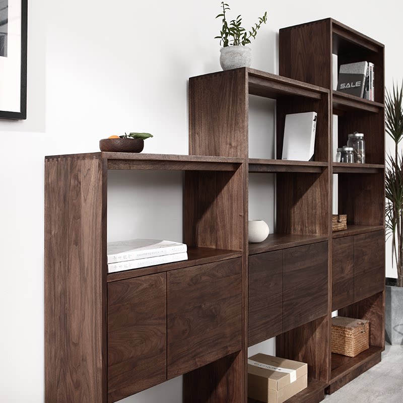 Full Wall Bookcase With Door Original Wooden Bookshelf Floor To Ceiling New Chinese Simple Modern Storage Cabinet Black Walnut Solid Wood Custom