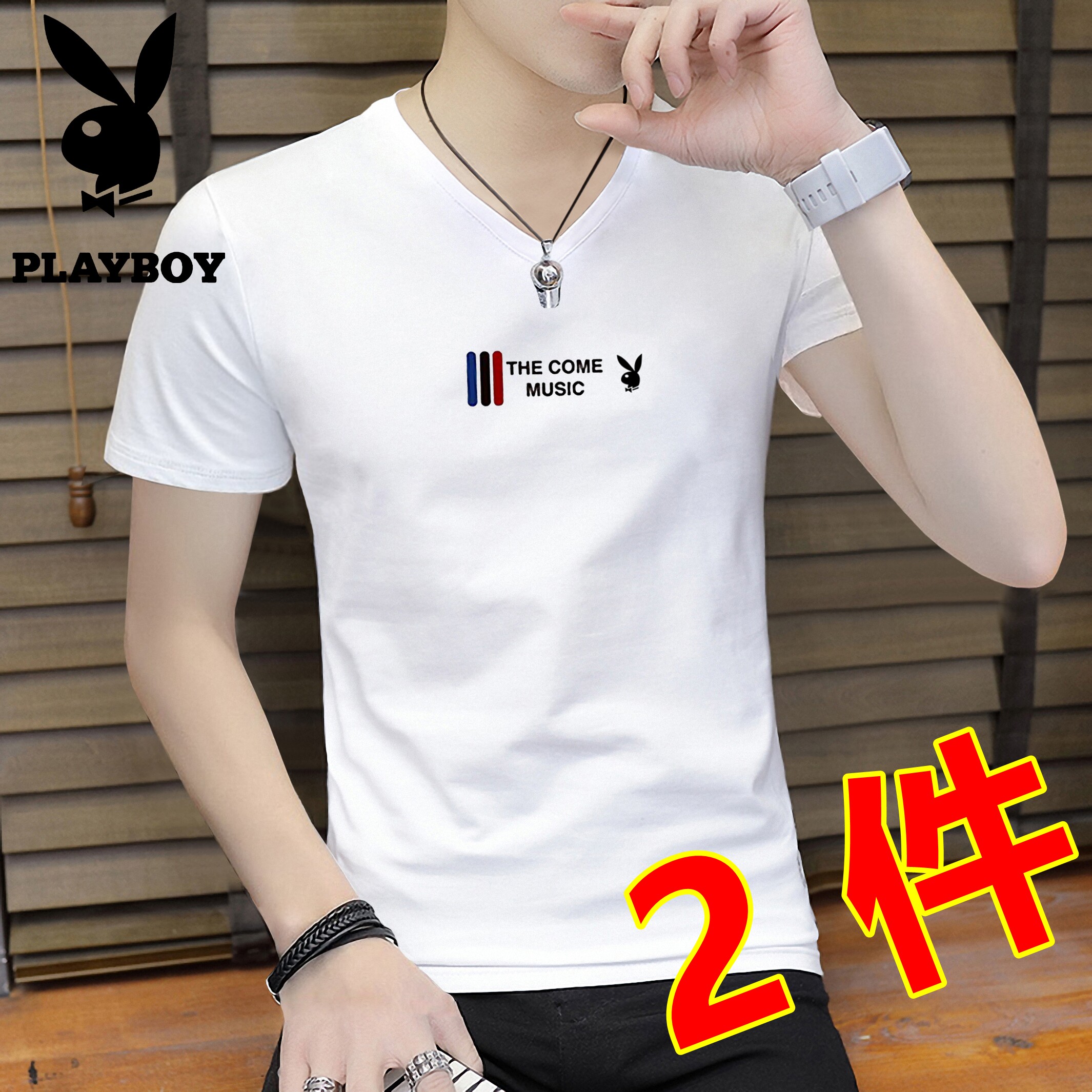 Flowers Playboy men short sleeves T-shirt pure cotton half sleeve clothes V collar trendsetters undershirt T-shirt Summer men's clothing