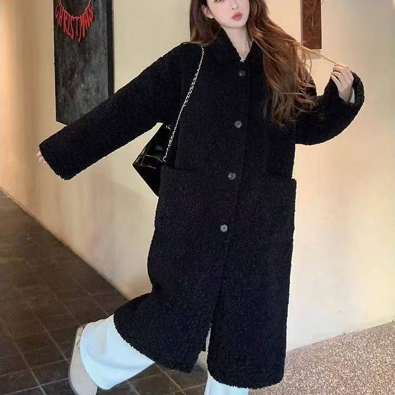 Suit Collar Black Long Lamb Fur Coat for Women, New Autumn and Winter Style, Fur Integrated Thickened Fur Coat