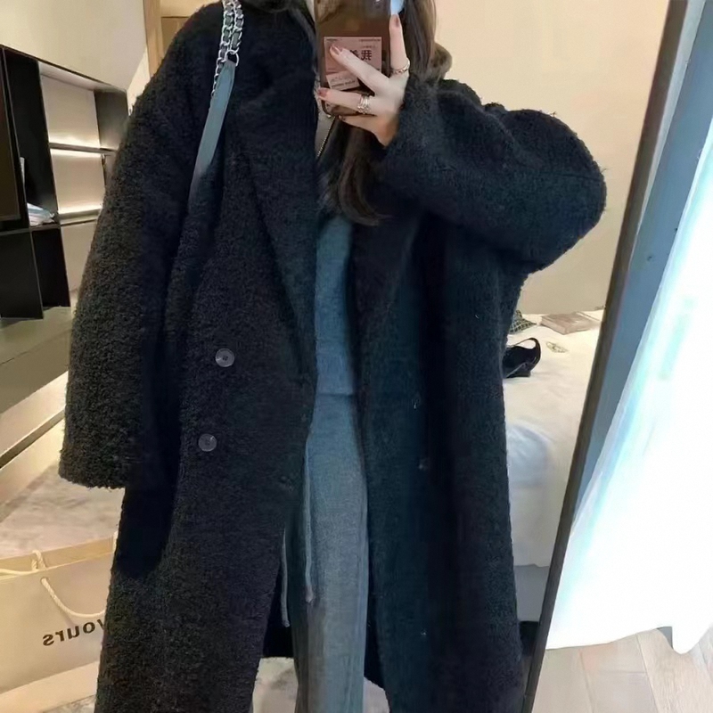 Women's Long Lamb Wool Coat for Autumn and Winter, Integrated Fur and Leather, Thickened Black Suit Collar, Eco-Friendly Fleece Coat