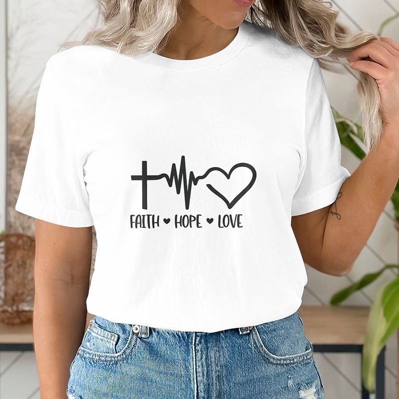 Faith Hope Love Women t Shirt Heartbeat Love Letter Short Sleeve Faith Versatile Top T-Shirt Faith Hope Love Women t Shirt Heartbeat Love Letter Short Sleeve Faith Versatile Top T-Shirt