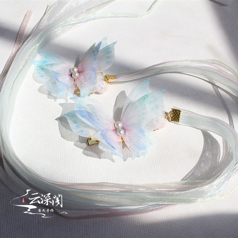 Cloud Deep Penthouse Smoky Willow Hand Dreamy Butterfly Long Stream Suo Pair of the clip Handmade with head decorated with ancient windy hair