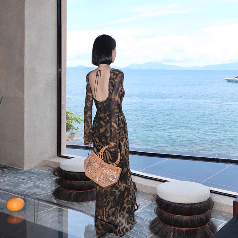 French Retro High-End Leopard Print Long-Sleeved Dress Autum New High-End Elegant Slim Long Skirt French Retro High-End Leopard Print Long-Sleeved Dress Autum New High-End Elegant Slim Long Skirt