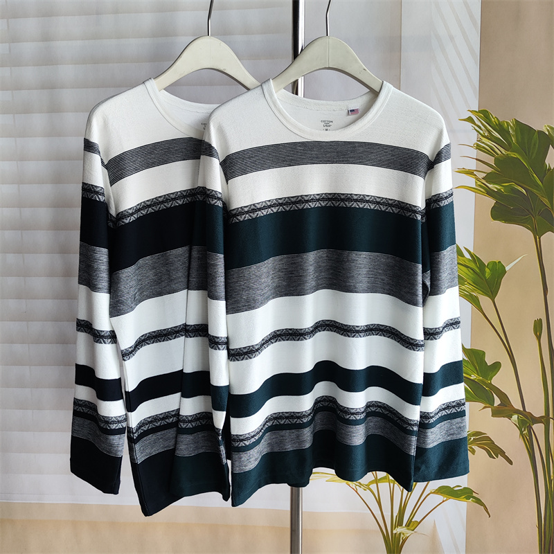 Neon Home Terry Cloth Striped Long-Sleeve T-Shirt for Men, Round Neck Loose Top, Dark Green Striped Knitwear 11 Neon Home Terry Cloth Striped Long-Sleeve T-Shirt for Men, Round Neck Loose Top, Dark Green Striped Knitwear 11
