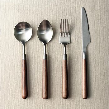 Retro simple imitation walnut color tableware wooden handle breakfast dessert spoon steak knife and fork stainless steel western food tableware