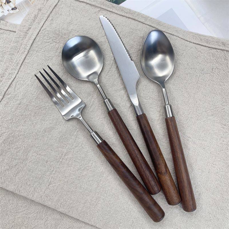 Stainless Steel High-End Retro Imitation Walnut Handle Steak Knife and Fork Western Food Knife, Fork and Spoon Dessert Rice Spoon Soup Spoon Tableware