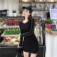 Thời trang Hàn Quốc mùa thu và mùa đông mới đáy váy cao eo mỏng giảm béo váy màu đen dài tay áo sương ba lô hip váy nữ shop đầm cho người mập lùn