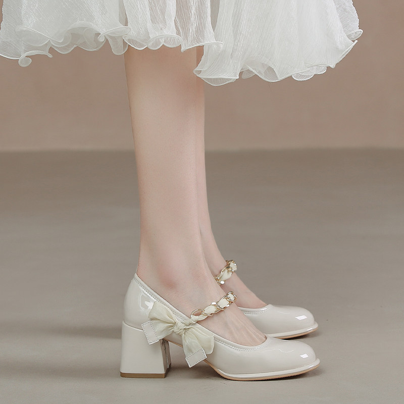 2026 Summer New Style Skirt Pairing Shoes, Niche Elegance, Korean Style Fairy Leather Shoes, Mary Jane High Heels with Bow and Chunky Heel