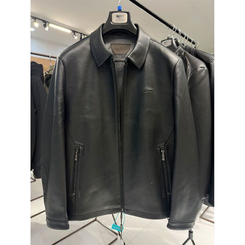[Jinjia Withdrawal] Sheepskin Leather Jacket with Stand Collar and Lapel, Business Men's Wear, Black Slim Fit Autumn and Winter Leather Jacket