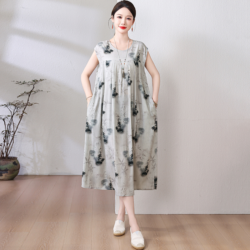 Mom's Cotton Silk Nightgown for Women, Summer Sleeveless Rayon Dress, Loose Fit with Pockets, Loungewear Dress