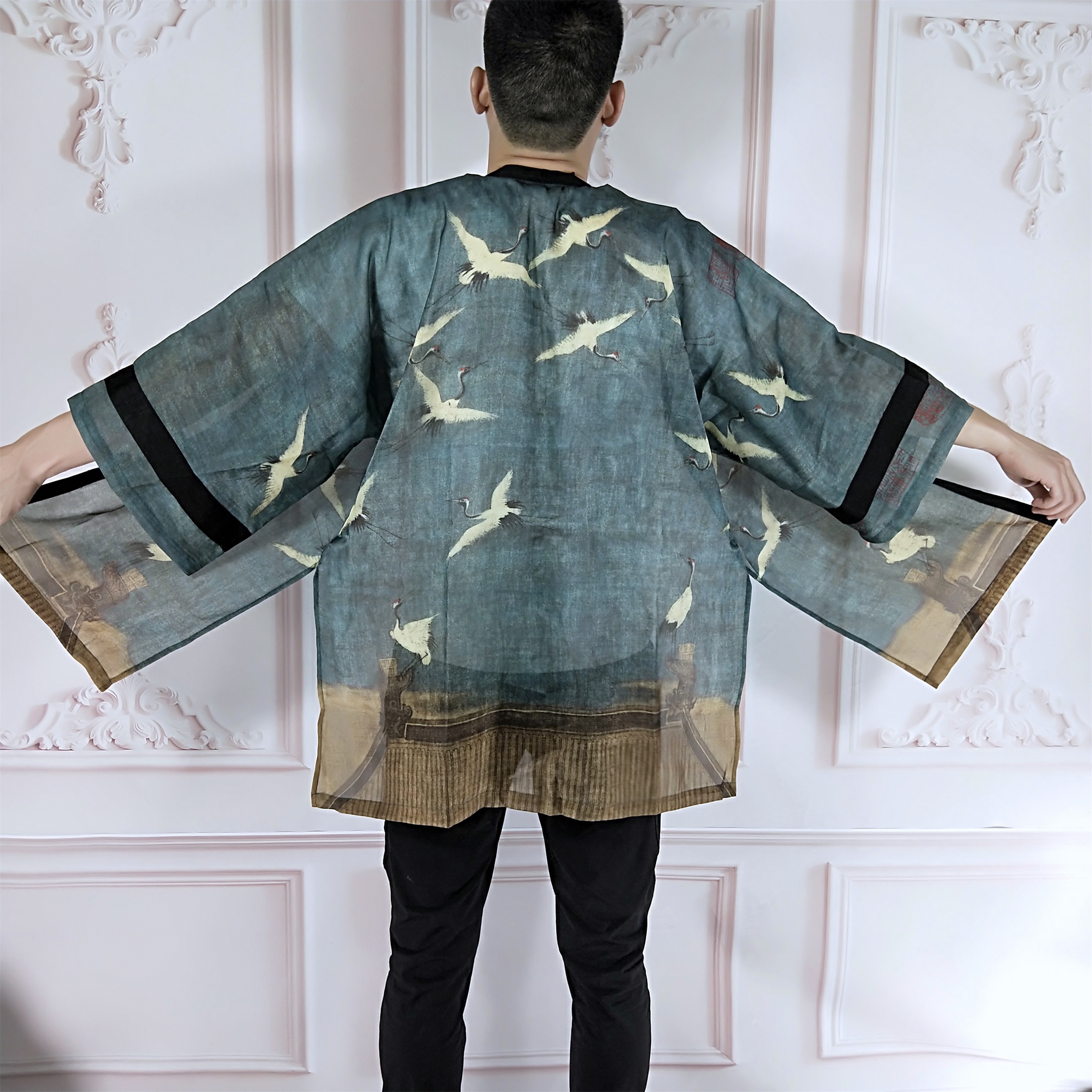 Phong cách cổ xưa của Harajuku bf Ruihe áo cardigan dài Hanfu áo mùa thu mùa hè retro cải tiến kimono áo khoác mỏng nam - Cao bồi style nam