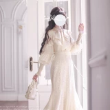 Оригинальная элегантная шифоновая кружевная рубашка с бантиком, юбка, длина миди