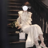 Оригинальная элегантная шифоновая кружевная рубашка с бантиком, юбка, длина миди