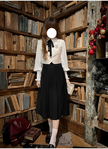 Плащ, жилет, рубашка, длинная юбка, элегантная студенческая юбка в складку