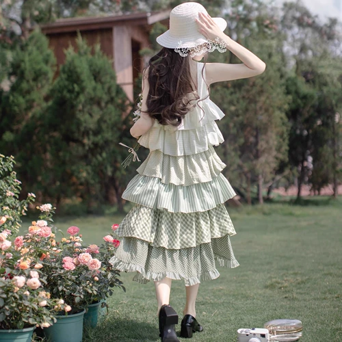 胡桃木 Оригинальное зеленое платье, длинная юбка, стиль Лолита