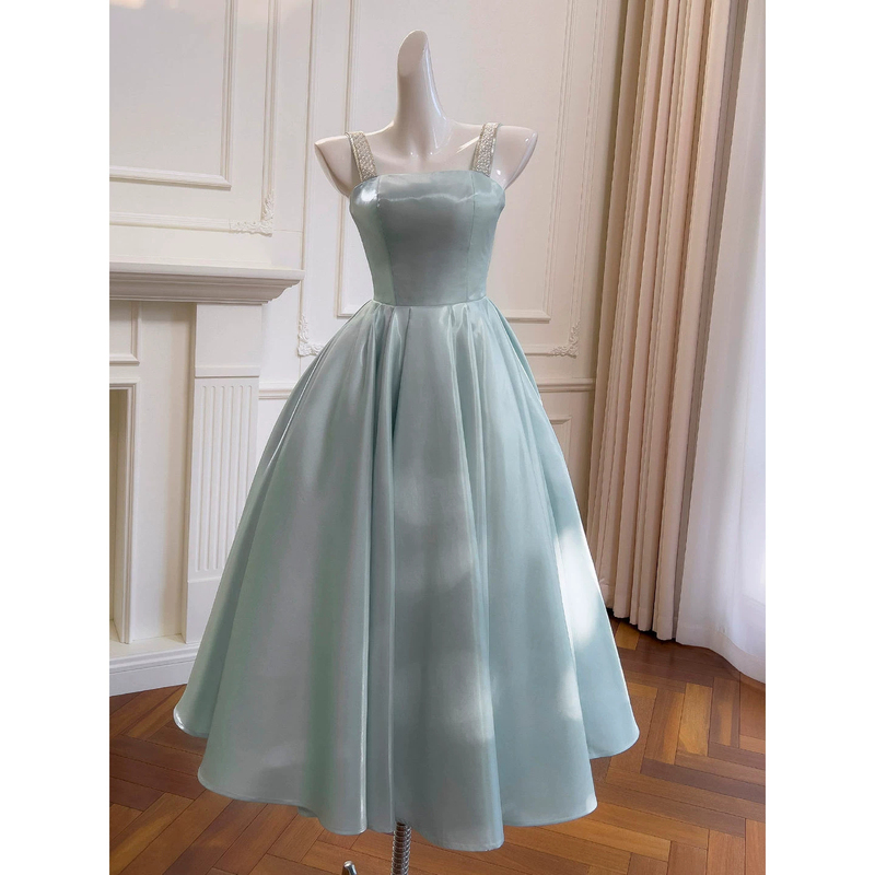 Green Birthday Party Dress, High-End Luxury Niche Style, Spaghetti Strap French-Style Satin Dress for Petite Adults