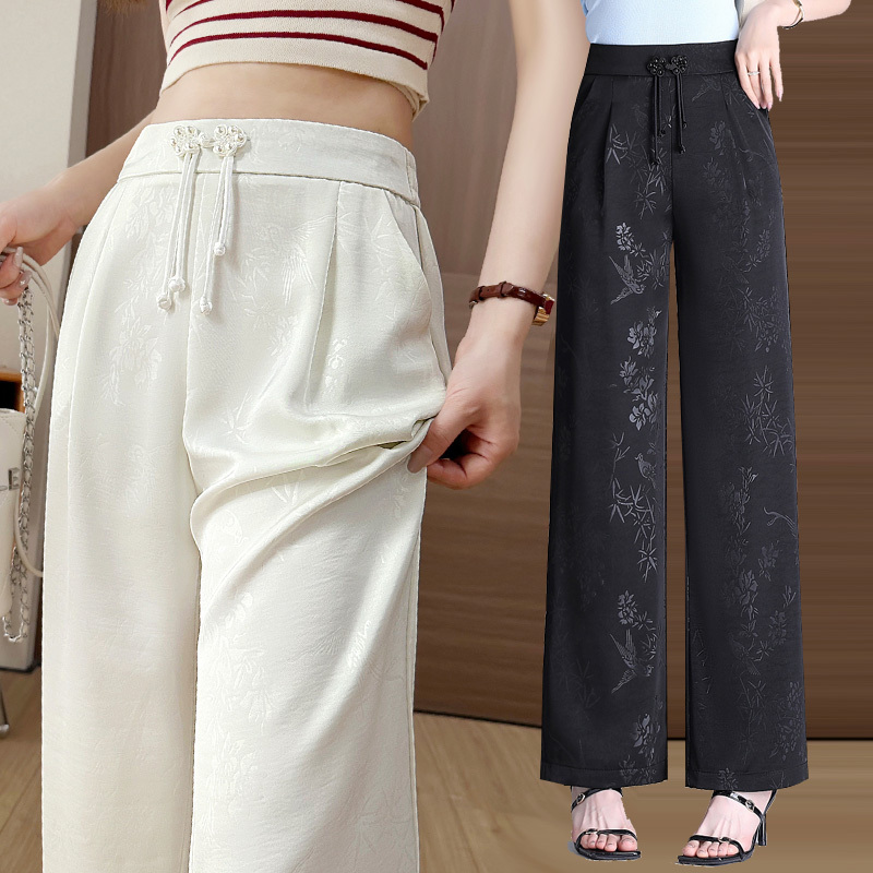 Silk Satin New Chinese Style Narrow Wide-Leg Pants for Women, Summer New Mulberry Silk National Style High-Waisted Drape Jacquard Straight-Leg Pants