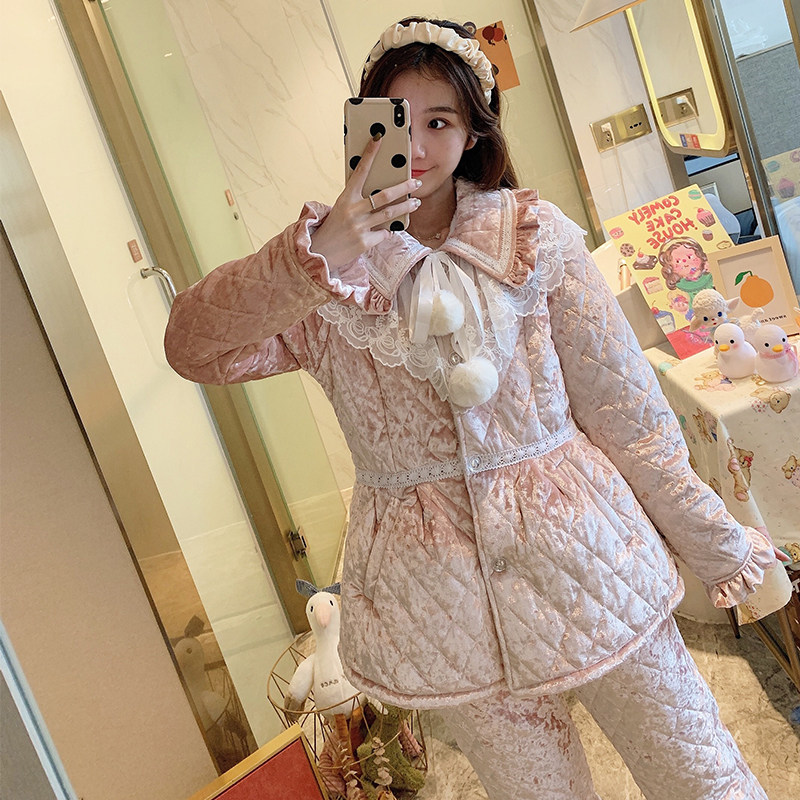 Pajamas women's autumn and winter coral velvet gold drill velvet super thick velvet warm three-layer quilted can be worn outside the home clothes suit