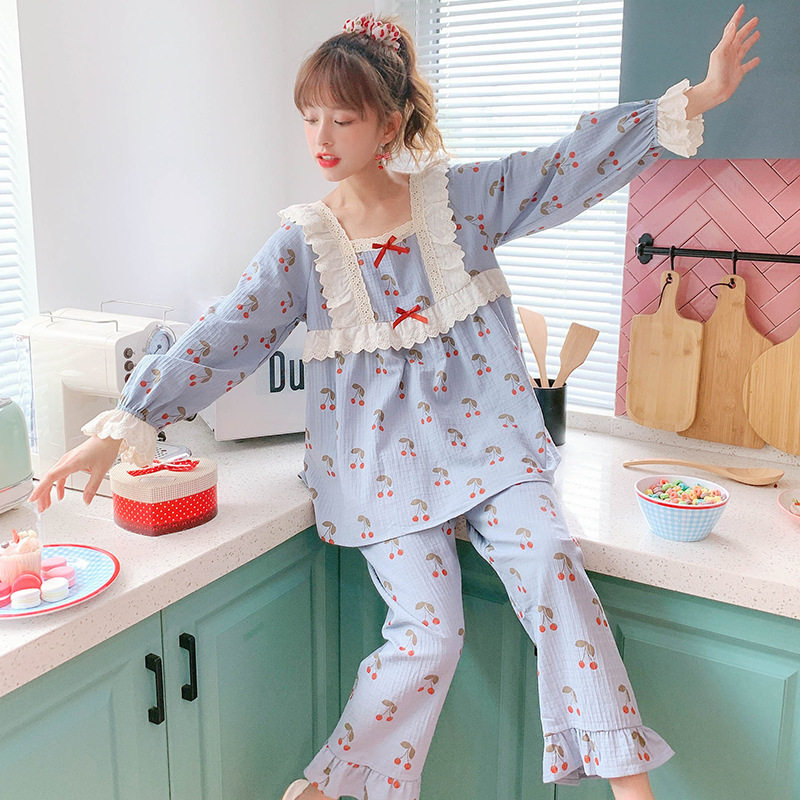 Little fairy cotton pajamas women's long-sleeved autumn and winter Korean version cute cherry loose princess cotton homewear suit