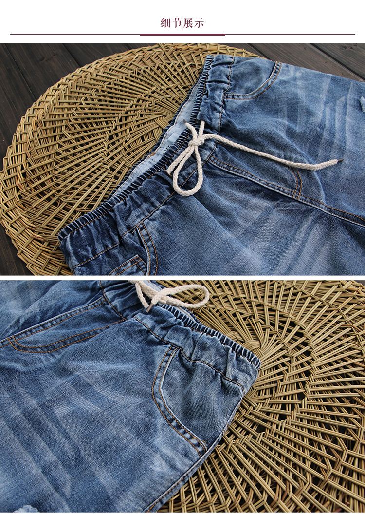 Ren thun eo văn học của phụ nữ quần short mùa hè sản phẩm mới còng cá thêu lỗ quần lỏng - Quần jean thời trang nữ
