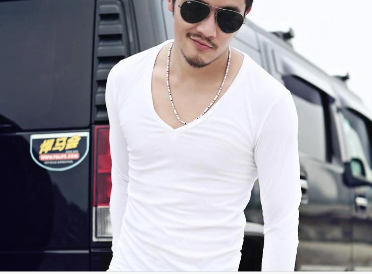 Mùa thu và mùa đông thời trang nam Slim gợi cảm sâu cổ chữ V cổ thấp chạm đáy áo sơ mi Cổ chữ V cá tính dài tay áo thun nam mùa thu quần áo thủy triều áo cotton