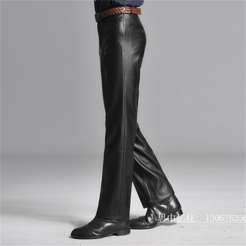 Men's warm Han version Repaired PU Locomotive Black Straight Drum Winter Leather Pants Fashion Casual Long Pants