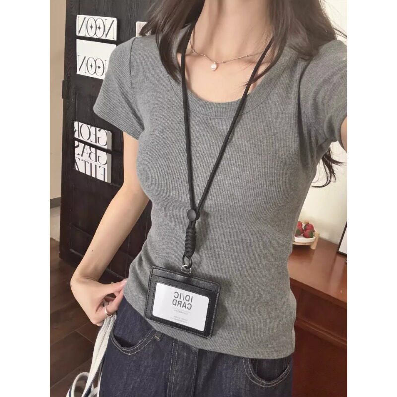 美式灰色U领短袖正肩T恤女2026新款夏季韩系体恤百搭修身显瘦上衣