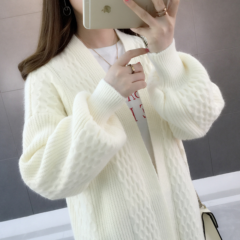 2026 Autumn/Winter New Twist Knit Cardigan Loose Korean Style Lazy Style Knitted Cardigan Women's Mid-Length Lantern Sleeve Sweater