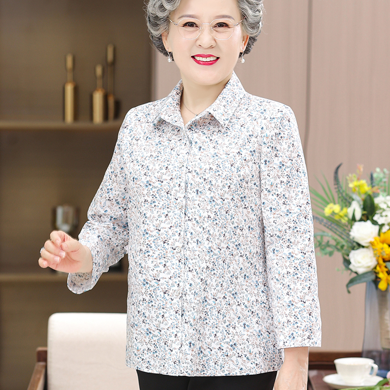 Grandma's Autumn Long-Sleeved Shirt, Middle-Aged and Elderly Women's Cotton Shirt, 70-Year-Old Woman's Top, Elderly Clothing for Summer