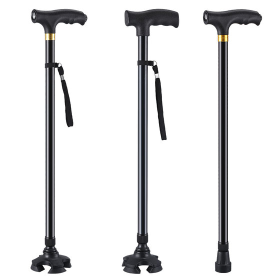 Single-legged four-legged crutch for the elderly, lightweight, multi-functional, telescopic, non-slip aluminum alloy crutch armrest for the elderly