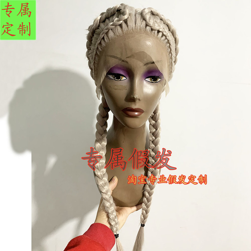 Double Ponytail Wig, Realistic Natural Lace Front Wig, Gray-White Gold European and American Style Personalized Wig