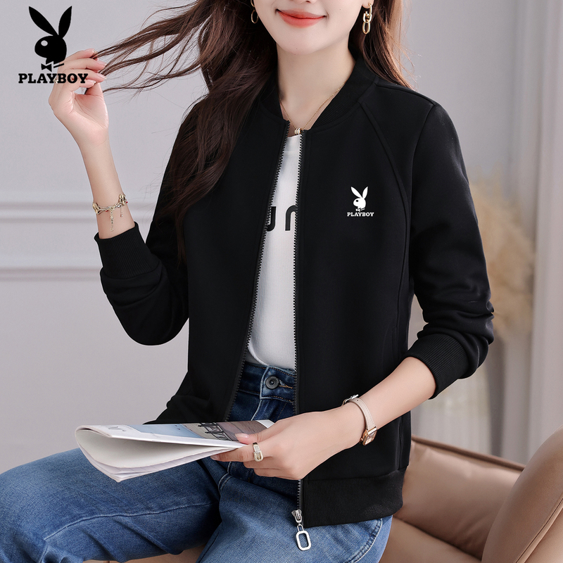 Playboy Baseball Collar Cardigan Sweatshirt Jacket for Women, Spring and Autumn 2026 New Style, Fashionable, Loose and Casual Top