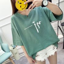 Korean version of large size fat mm medium length seven-point mid-sleeve T-shirt womens blood shirt bf loose 7-point short-sleeved students on clothes