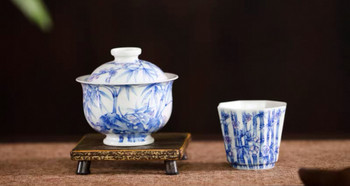 Qingqiaoxuan plum and bamboo amphibious bowl teacup single jingdezhen hand-painted blue and white retro household tea set