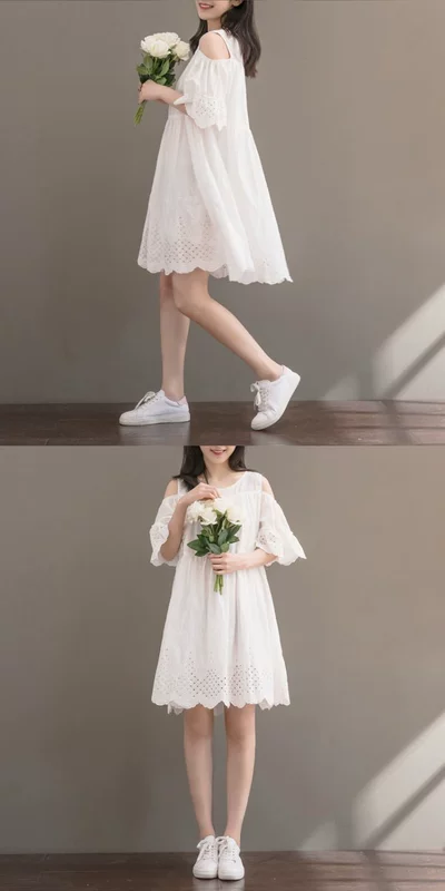 Đầm dự tiệc mùa hè 2018 cho bé gái béo 2018 Đầm lệch vai nữ béo mập cộng với váy trắng size lớn màu trắng - Váy