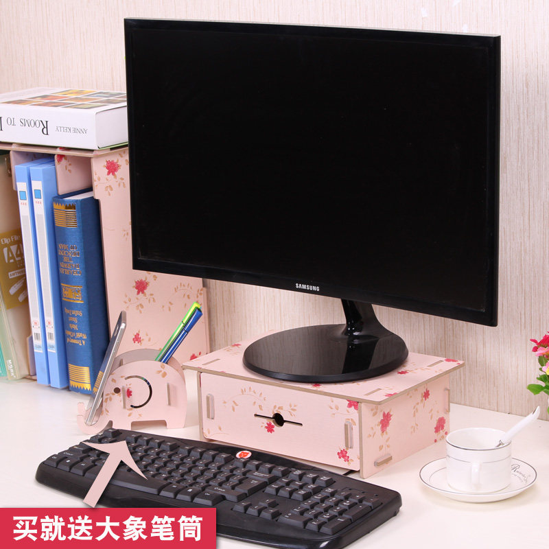 Mini desktop wooden computer screen heightened shelf base storage bracket storage organizer box multi-purpose
