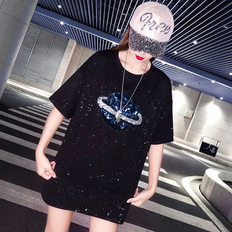 Pure Cotton Plus Size 1.0-150kg Shiny T-Shirt for Women, Summer Loose Fit, Slimming, Covers Body Fat, Mid-Length Short-Sleeve Top