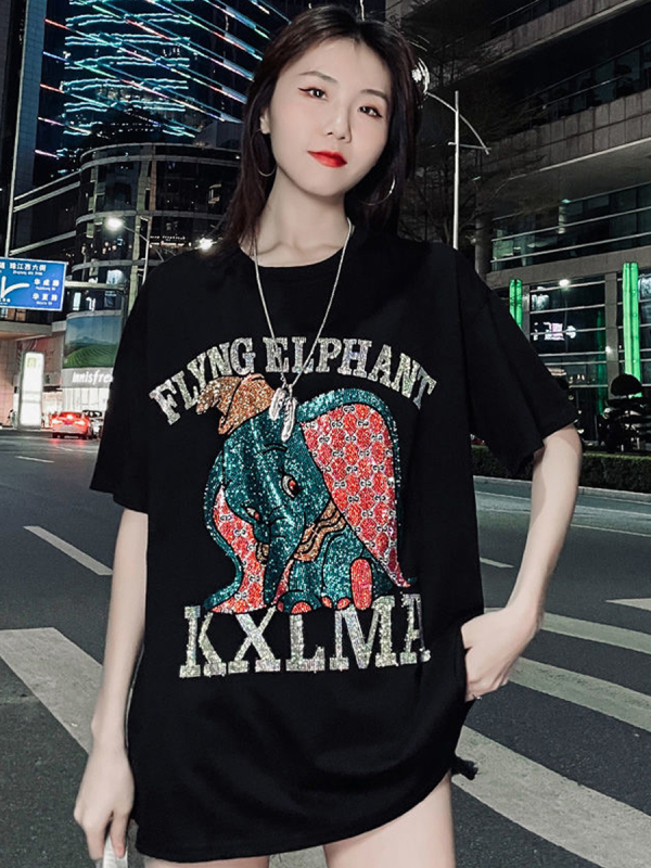 Heavy Industry ins Rhinestone T-Shirt for Women, Short Sleeve 150kg Plus Size Loose Fit Mid-Length Top That Makes the Lower Body Look Smaller