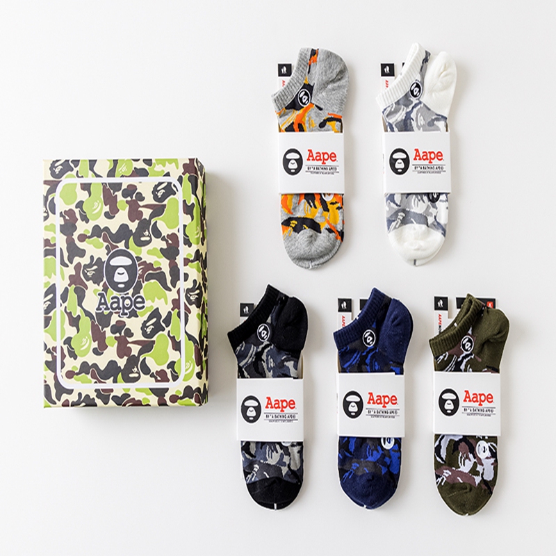 Aape Summer Men's Socks Trendyy Brand Ape Head Camouflage Socks Letter Pure Cotton Printed Embroider Badge Trendyy Socks